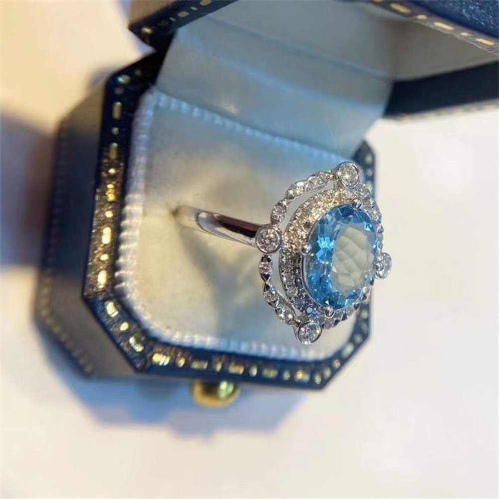 925 Silver Plated Sea Blue Oval Shaped CZ Ring for Women, FB16FA1034